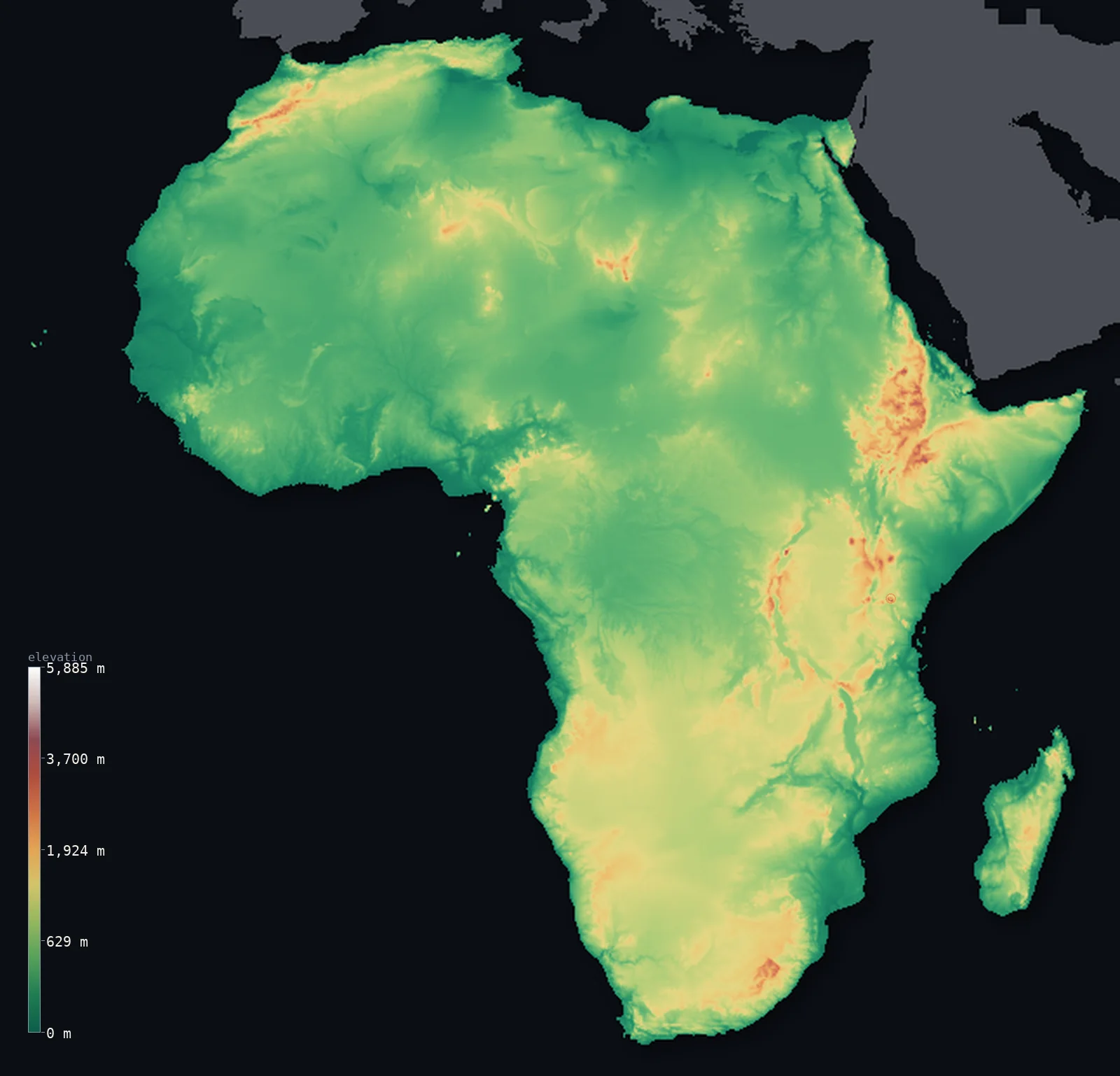 Interactive 3D elevation map of Africa, shaded relief from the Copernicus GLO-30 model