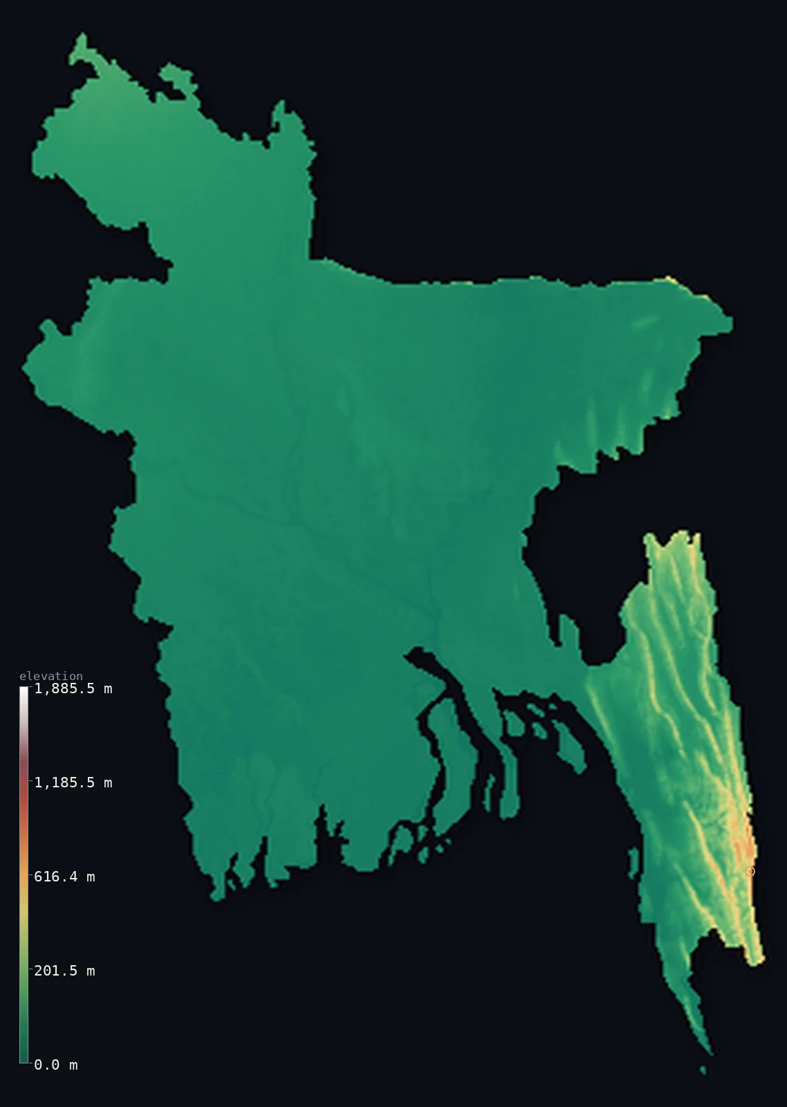 Hypsometric elevation map of Bangladesh, shaded relief from the Copernicus GLO-30 model