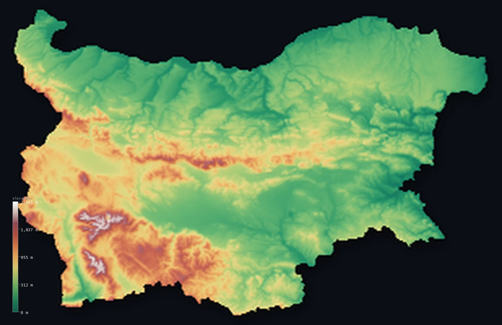 Hypsometric elevation map of Bulgaria, shaded relief from the Copernicus GLO-30 model