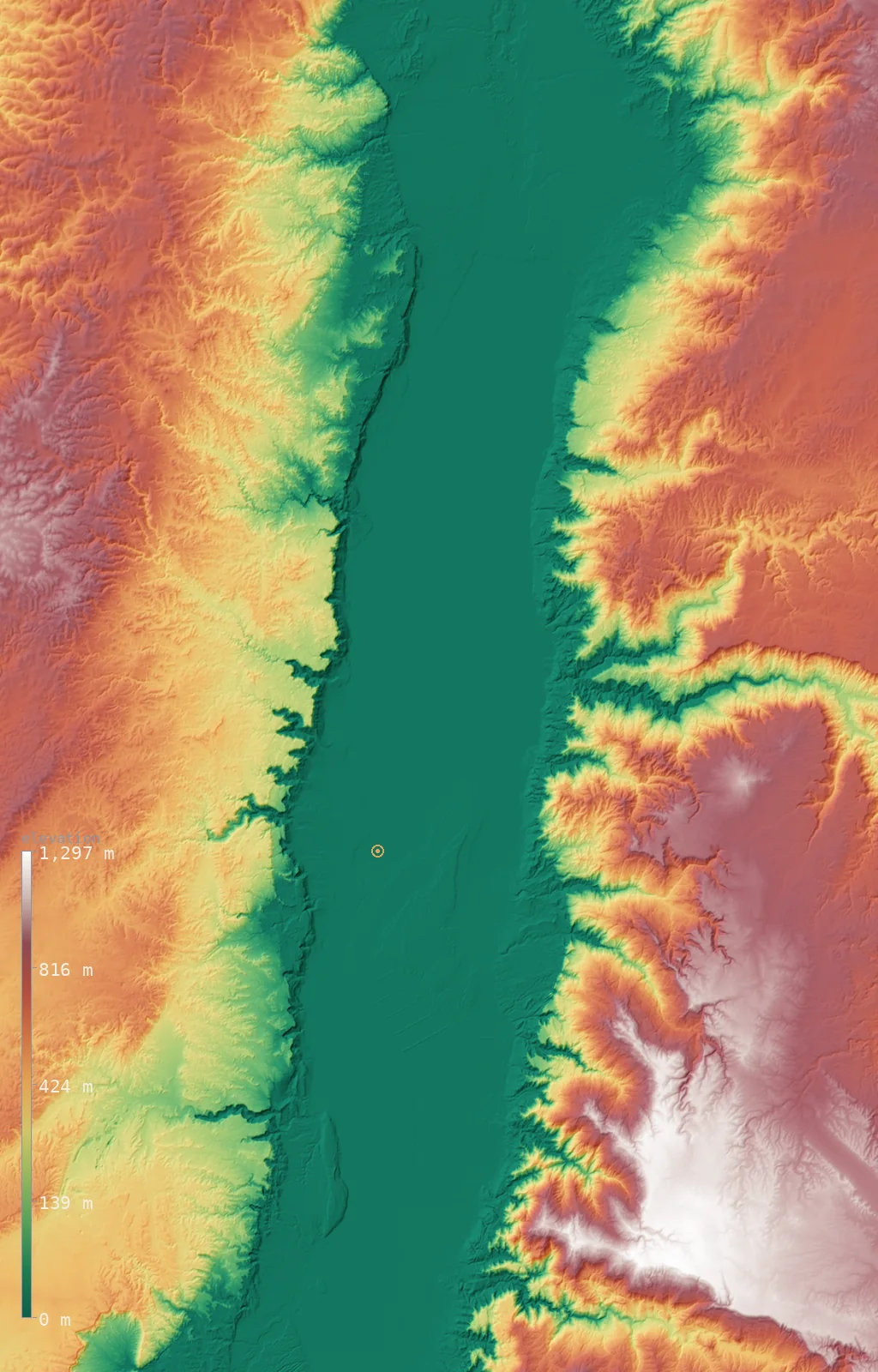 Interactive 3D elevation map of the Dead Sea, shaded relief from the Copernicus GLO-30 model — the basin floor dips below the sea-level plane