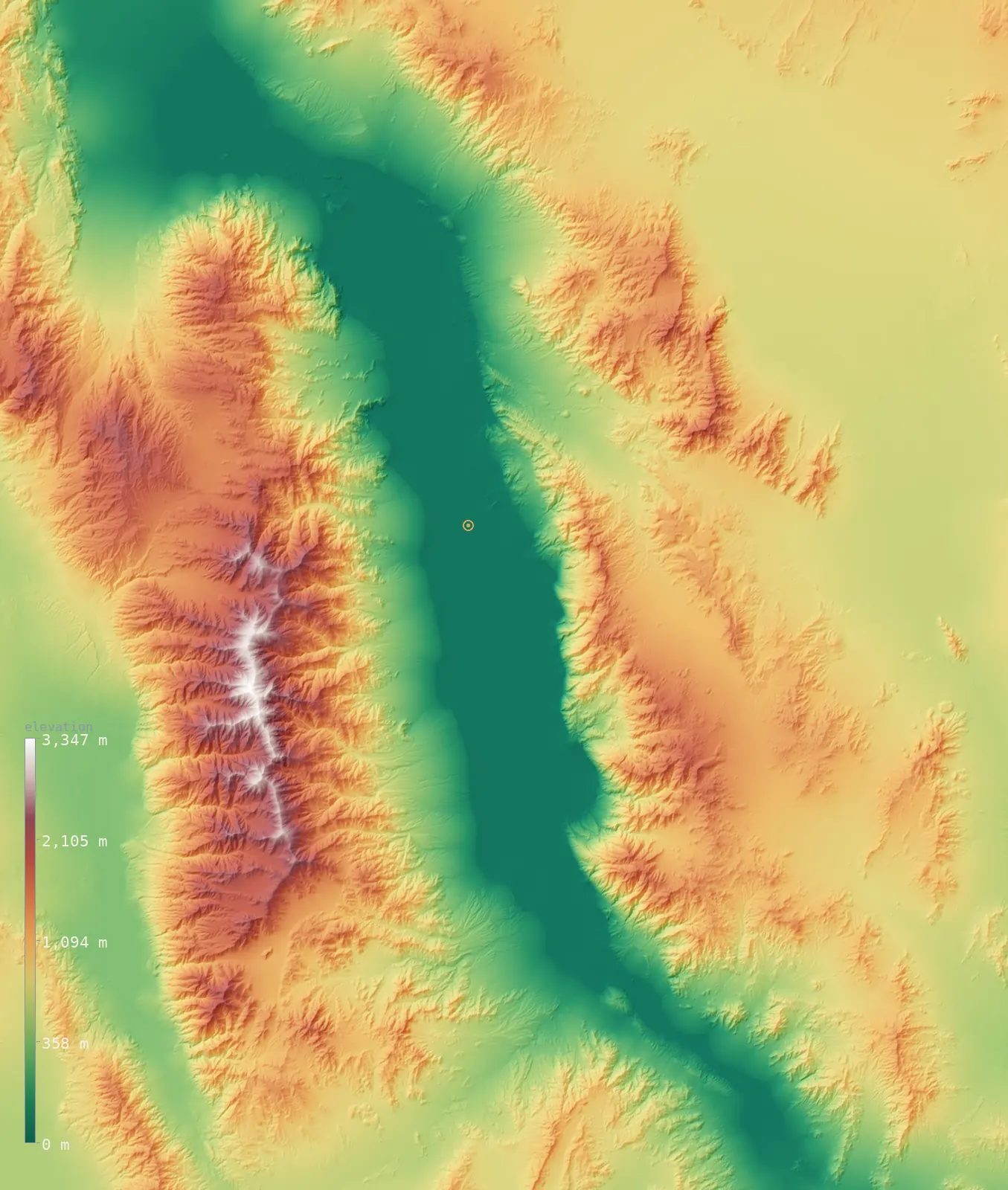 Interactive 3D elevation map of Death Valley, shaded relief from the Copernicus GLO-30 model — the basin floor dips below the sea-level plane