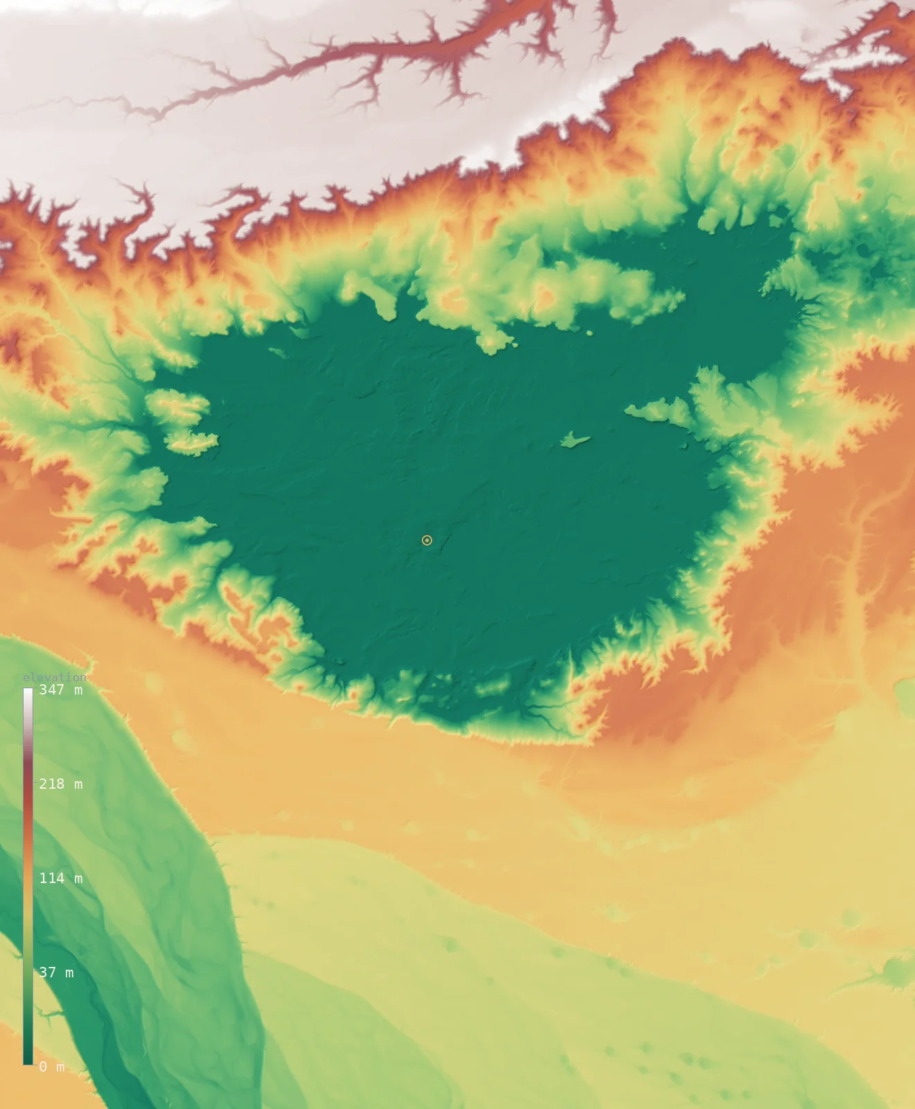 Interactive 3D elevation map of Laguna del Carbón, shaded relief from the Copernicus GLO-30 model — the basin floor dips below the sea-level plane