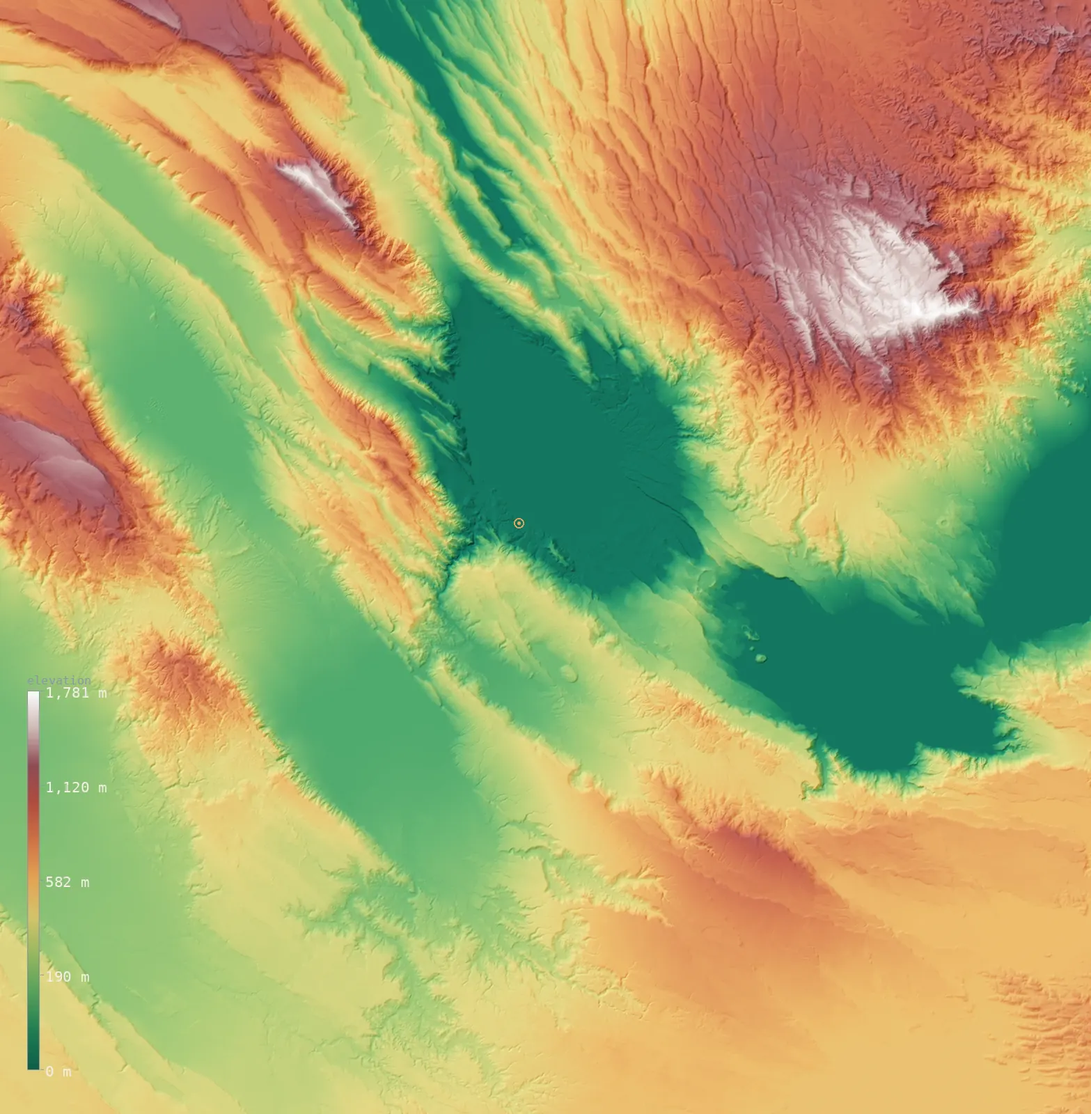 Interactive 3D elevation map of Lake Assal, shaded relief from the Copernicus GLO-30 model — the basin floor dips below the sea-level plane