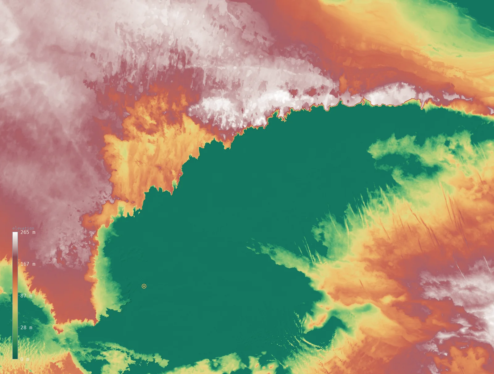 Interactive 3D elevation map of the Qattara Depression, shaded relief from the Copernicus GLO-30 model — the basin floor dips below the sea-level plane