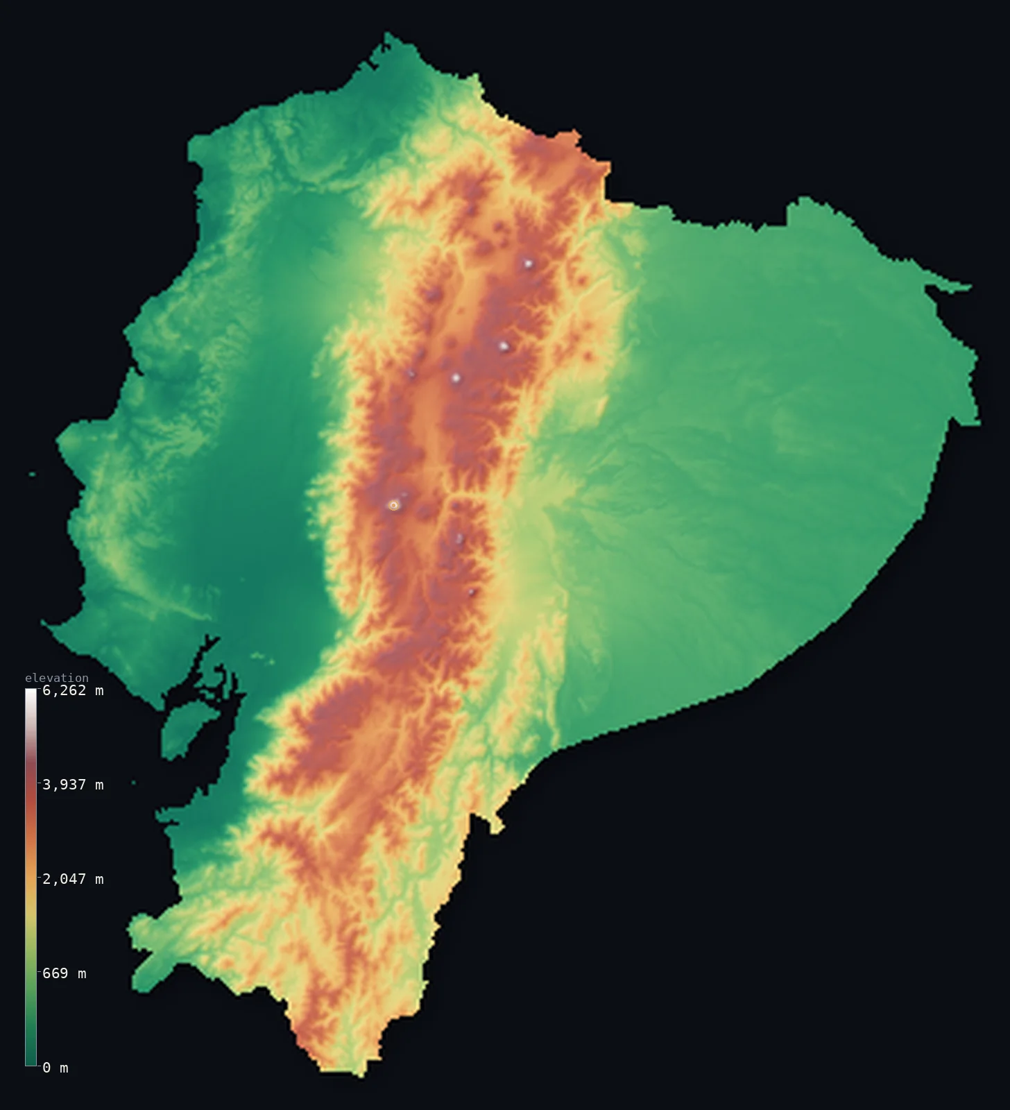 Hypsometric elevation map of Ecuador, shaded relief from the Copernicus GLO-30 model