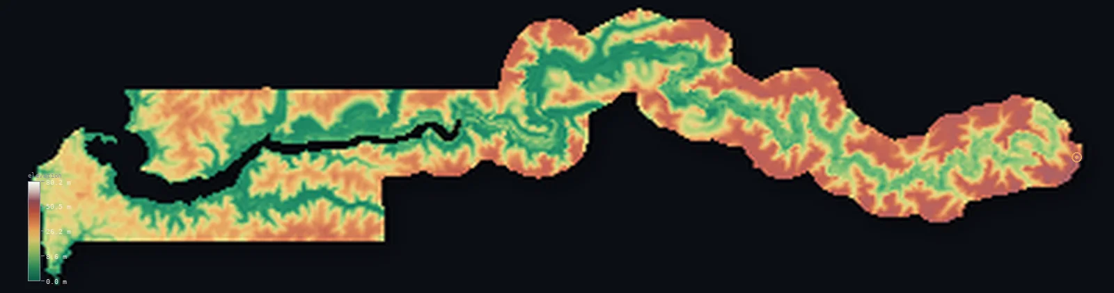 Hypsometric elevation map of The Gambia, shaded relief from the Copernicus GLO-30 model