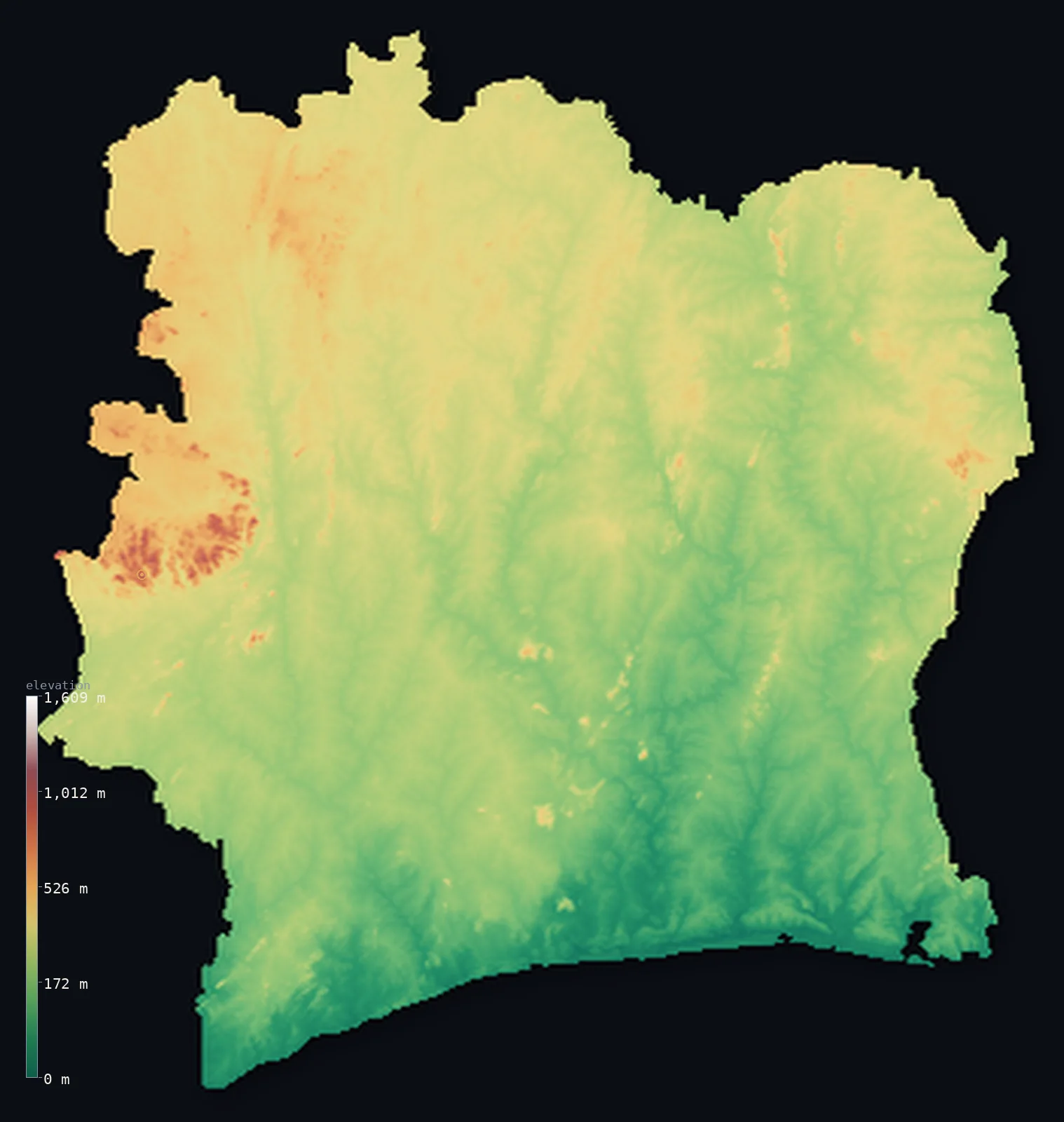 Hypsometric elevation map of Côte d'Ivoire, shaded relief from the Copernicus GLO-30 model