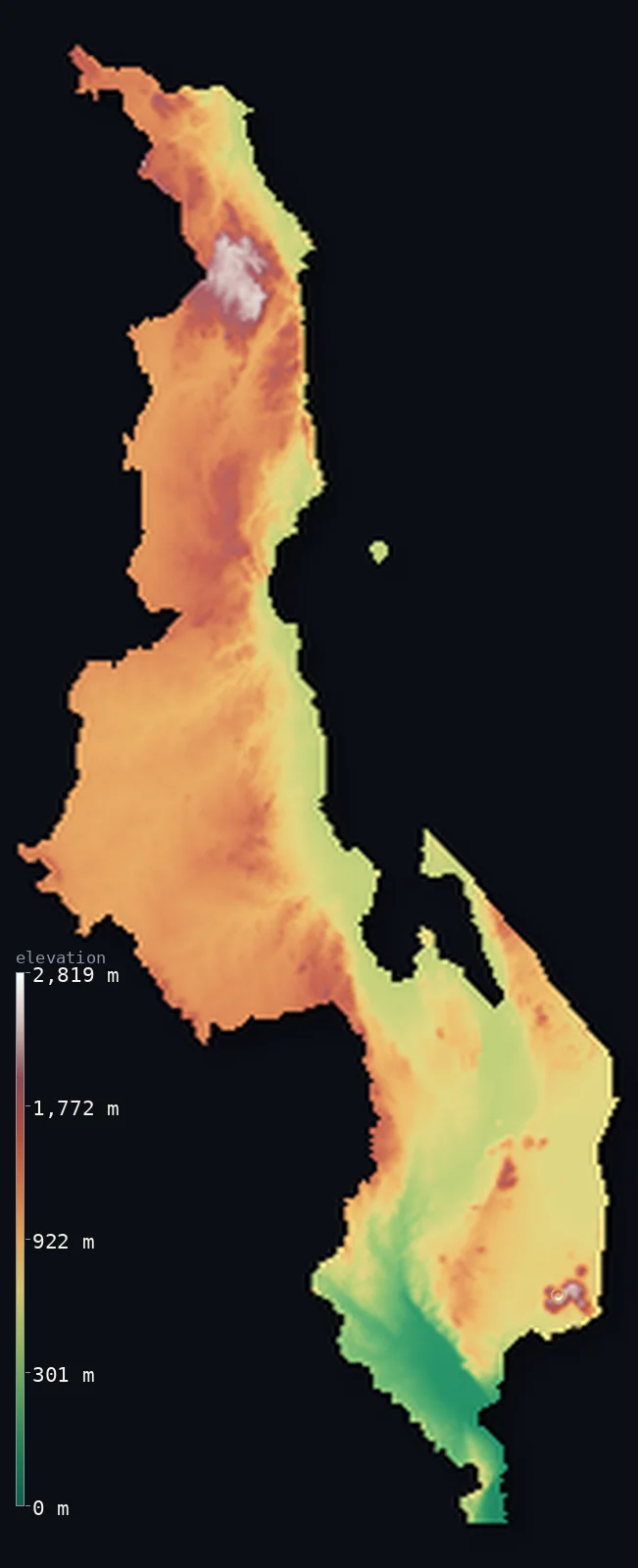 Hypsometric elevation map of Malawi, shaded relief from the Copernicus GLO-30 model