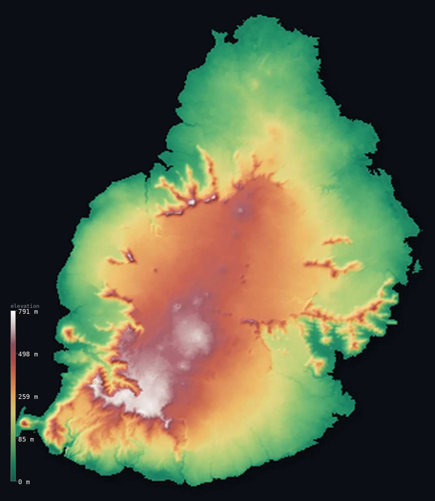 Hypsometric elevation map of Mauritius, shaded relief from the Copernicus GLO-30 model