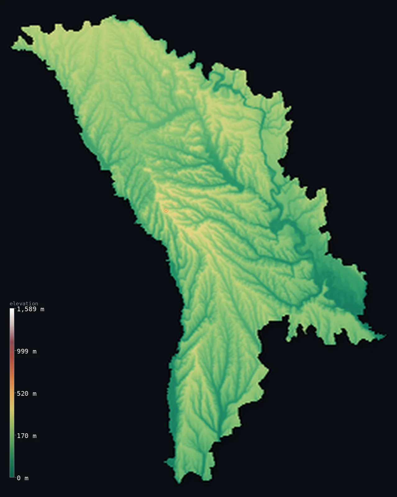 Hypsometric elevation map of Moldova, shaded relief from the Copernicus GLO-30 model