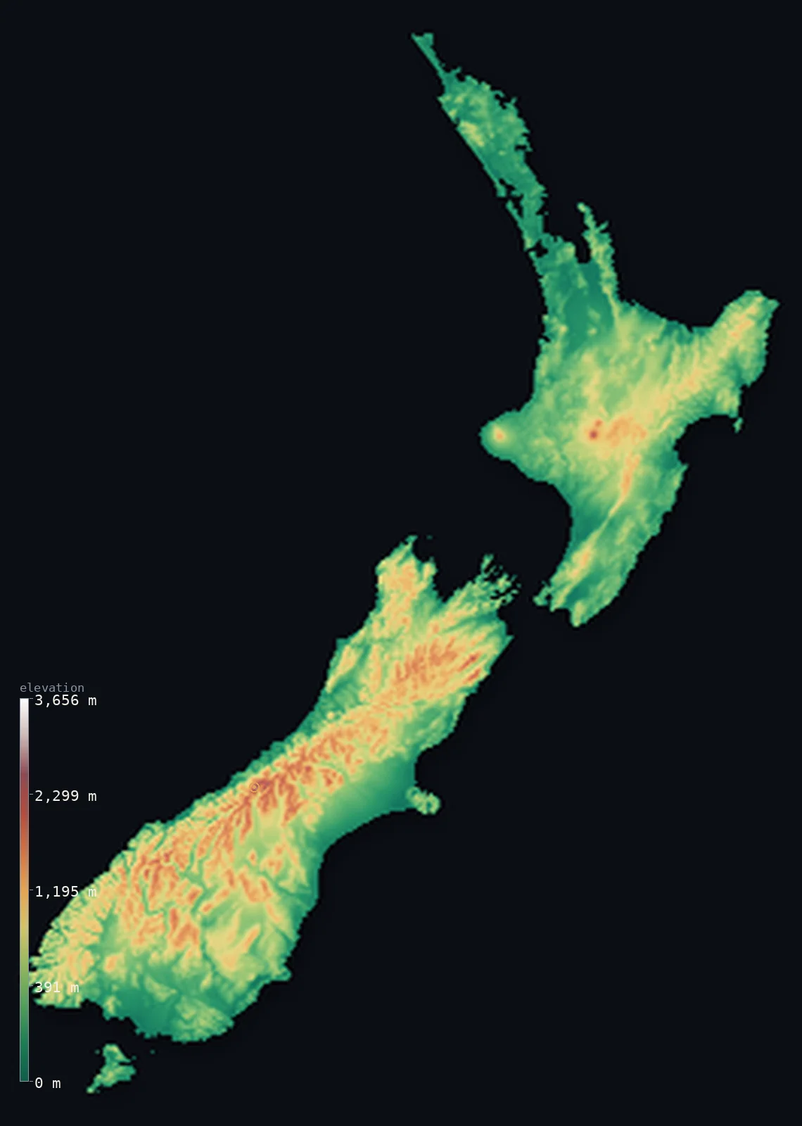 Hypsometric elevation map of New Zealand, shaded relief from the Copernicus GLO-30 model