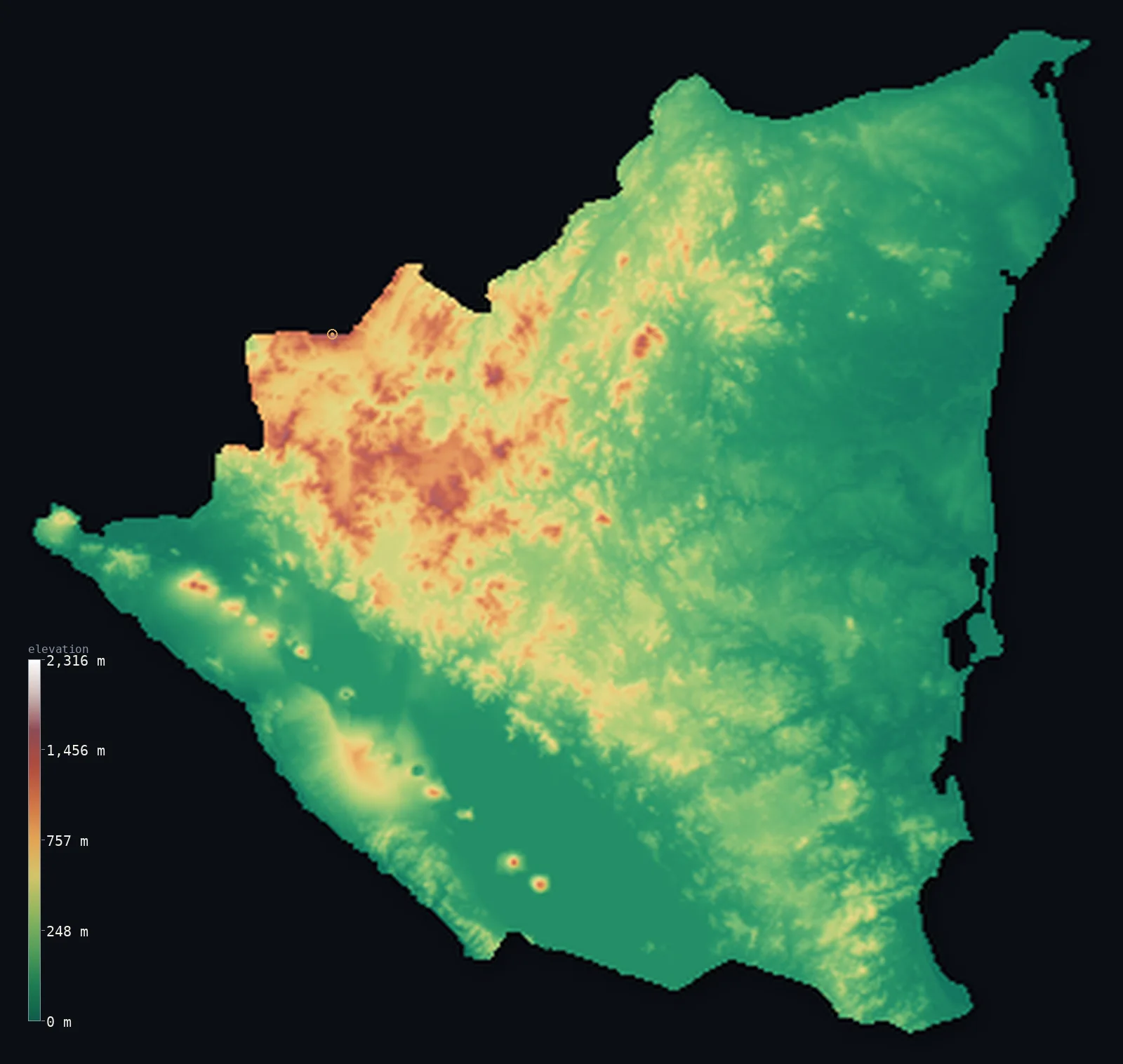 Hypsometric elevation map of Nicaragua, shaded relief from the Copernicus GLO-30 model