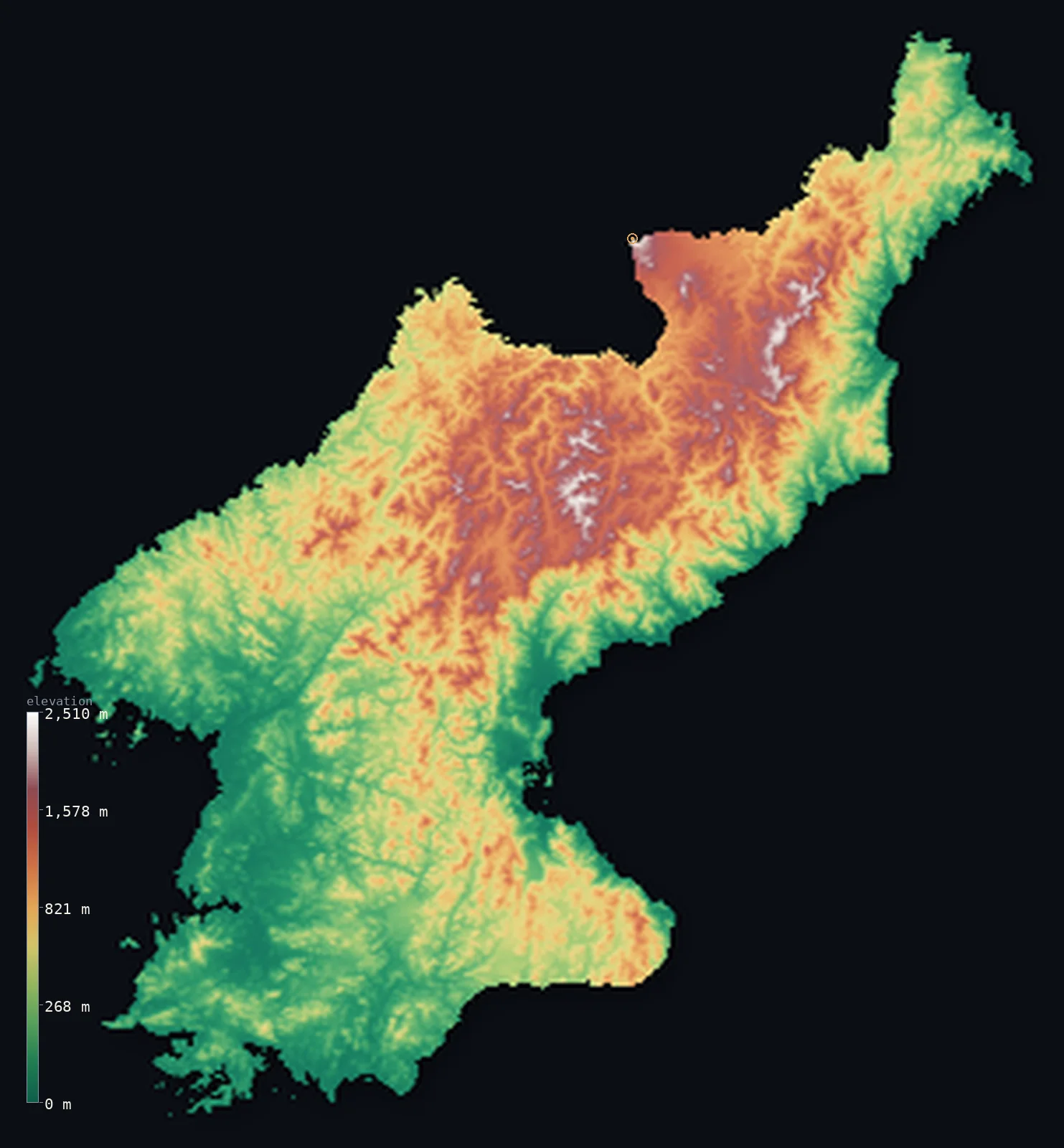 Hypsometric elevation map of North Korea, shaded relief from the Copernicus GLO-30 model