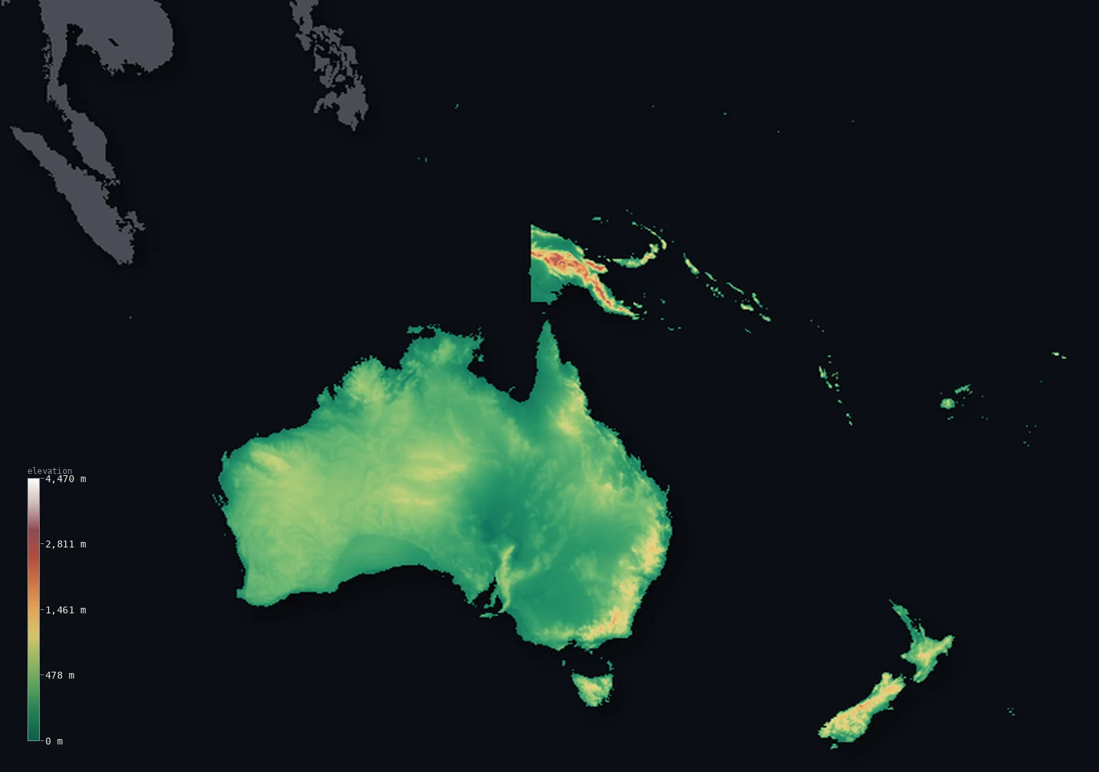 Hypsometric elevation map of Oceania, shaded relief from the Copernicus GLO-30 model
