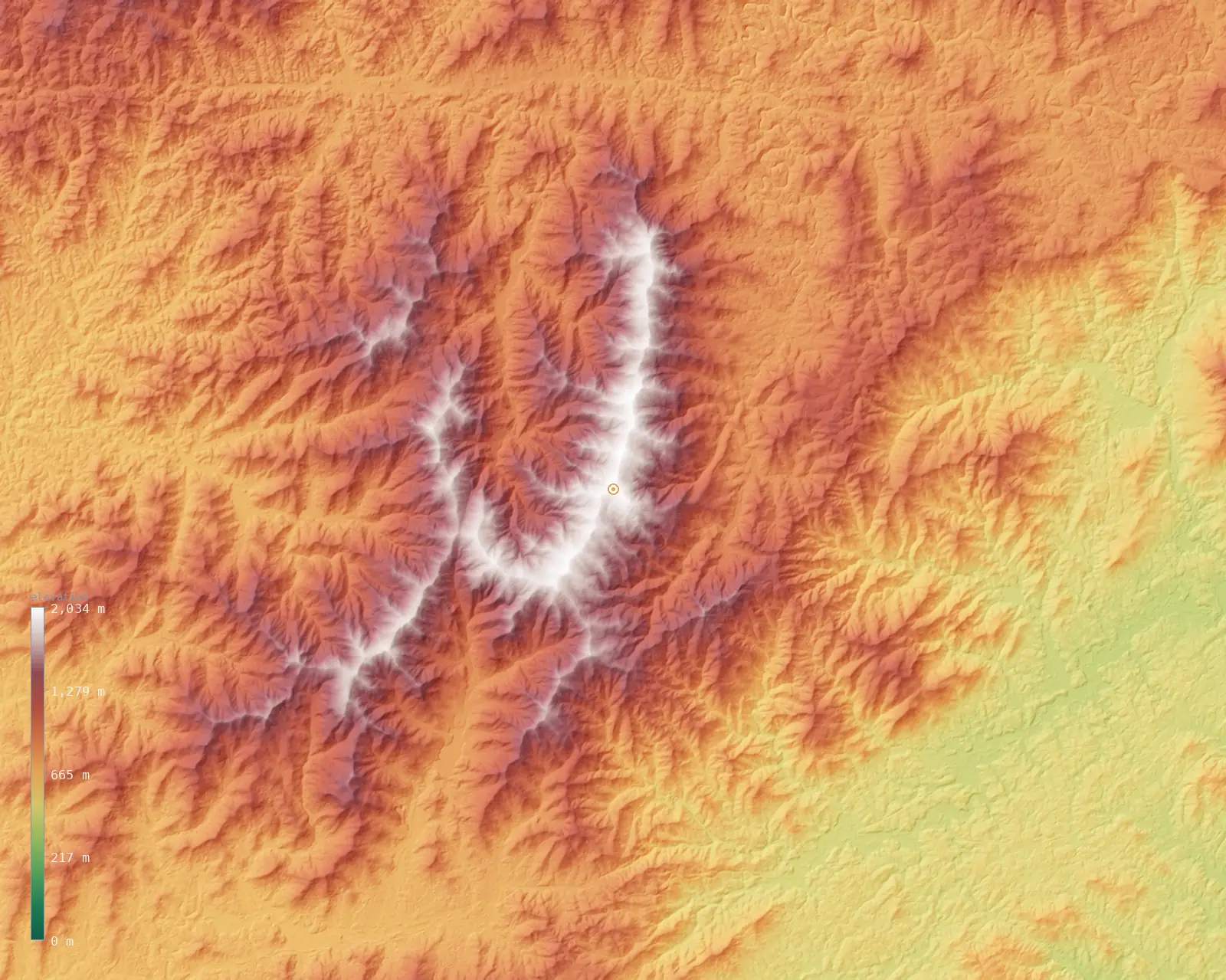 Interactive fine-resolution 3D elevation map of the Mount Mitchell massif, from the Copernicus GLO-30 model