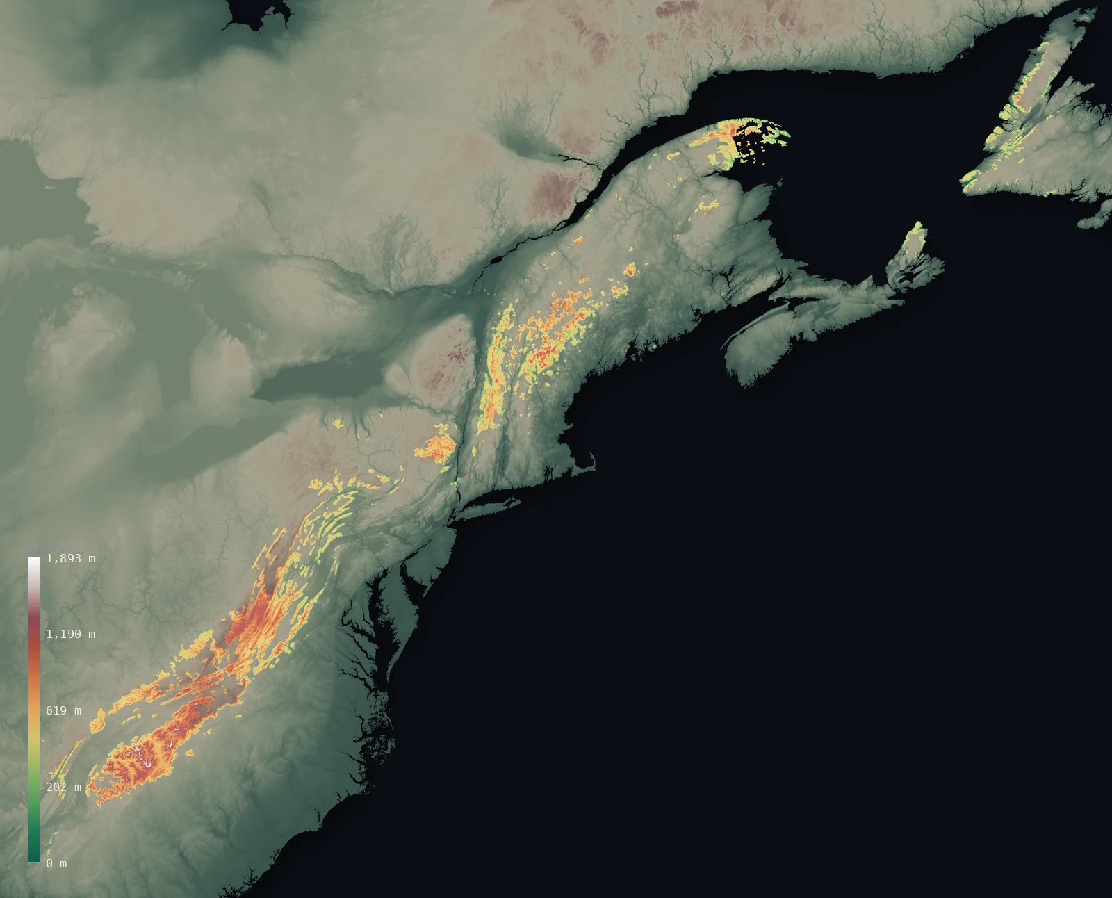 Interactive 3D elevation map of the whole Appalachians, computed from the Copernicus GLO-30 model and masked to the GMBA range boundary