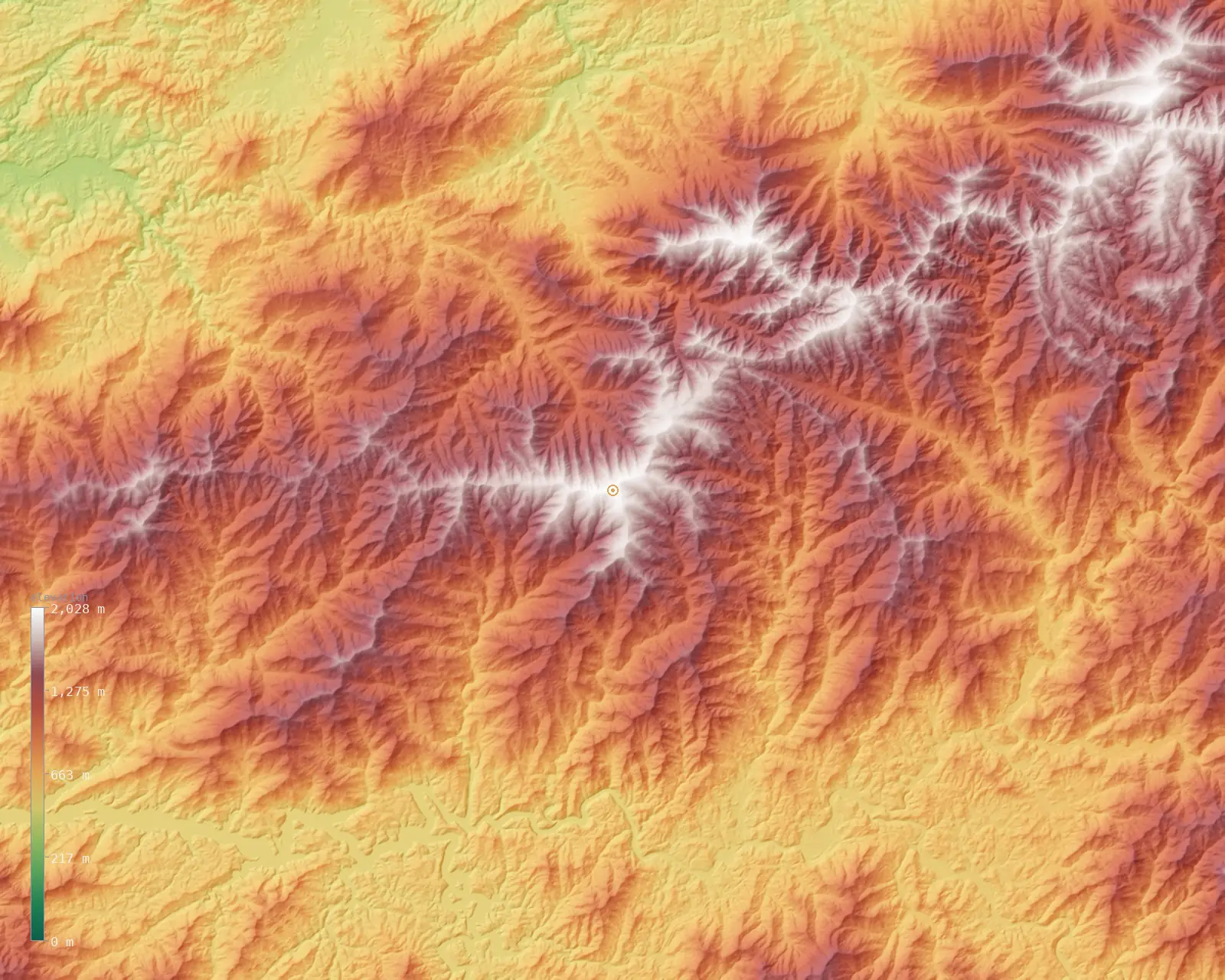 Interactive fine-resolution 3D elevation map of the Kuwohi (Clingmans Dome) massif, from the Copernicus GLO-30 model