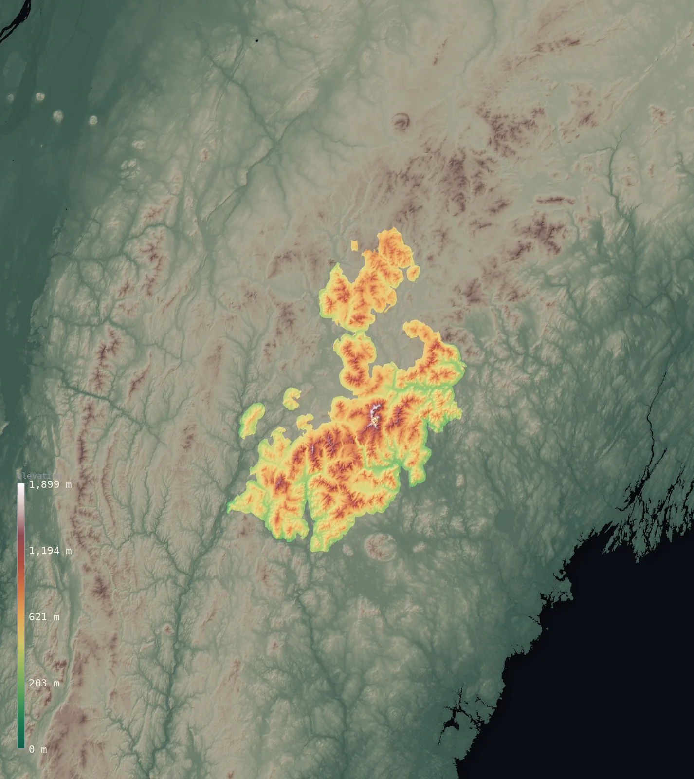 Interactive 3D elevation map of the whole White Mountains, computed from the Copernicus GLO-30 model and masked to the GMBA range boundary