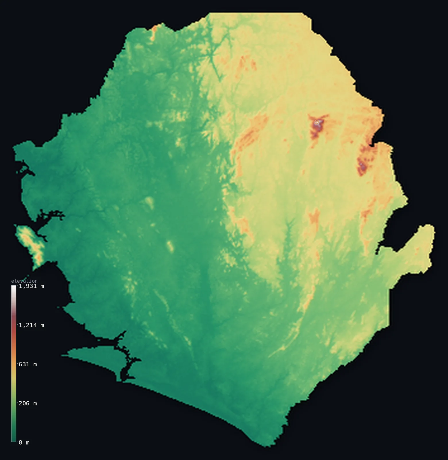 Hypsometric elevation map of Sierra Leone, shaded relief from the Copernicus GLO-30 model