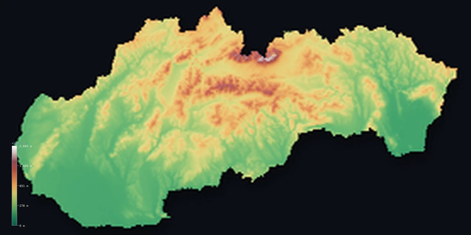 Hypsometric elevation map of Slovakia, shaded relief from the Copernicus GLO-30 model