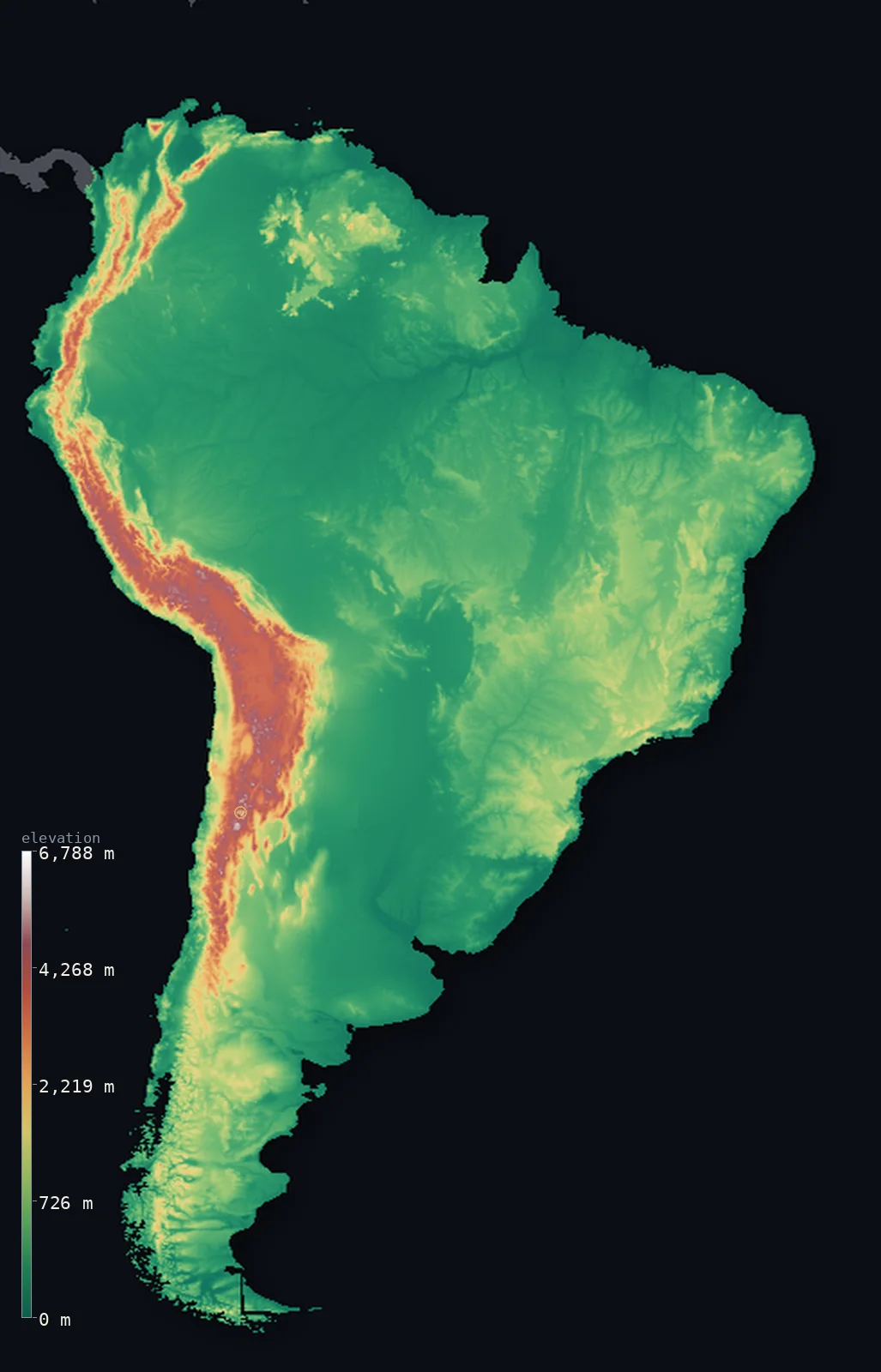 Interactive 3D elevation map of South America, shaded relief from the Copernicus GLO-30 model