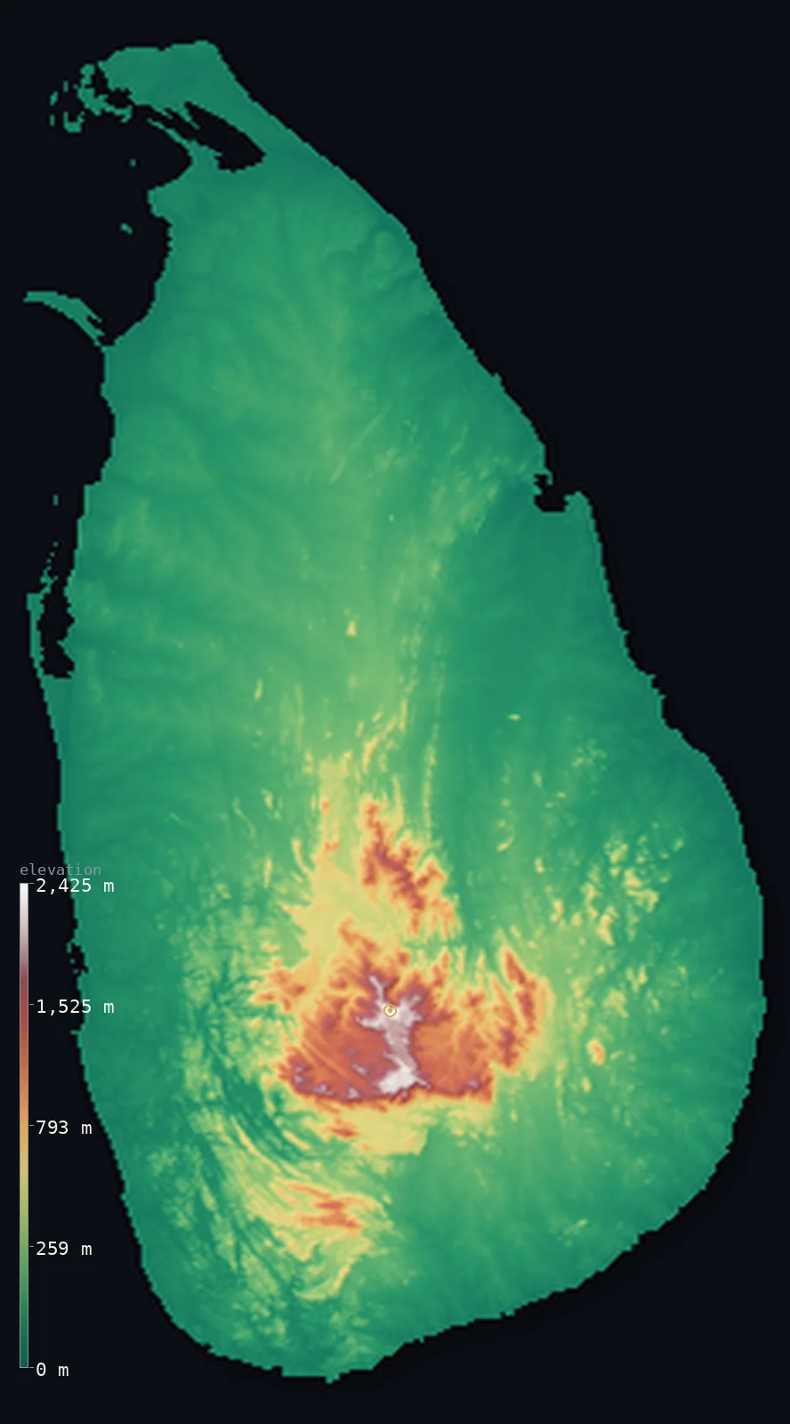 Hypsometric elevation map of Sri Lanka, shaded relief from the Copernicus GLO-30 model