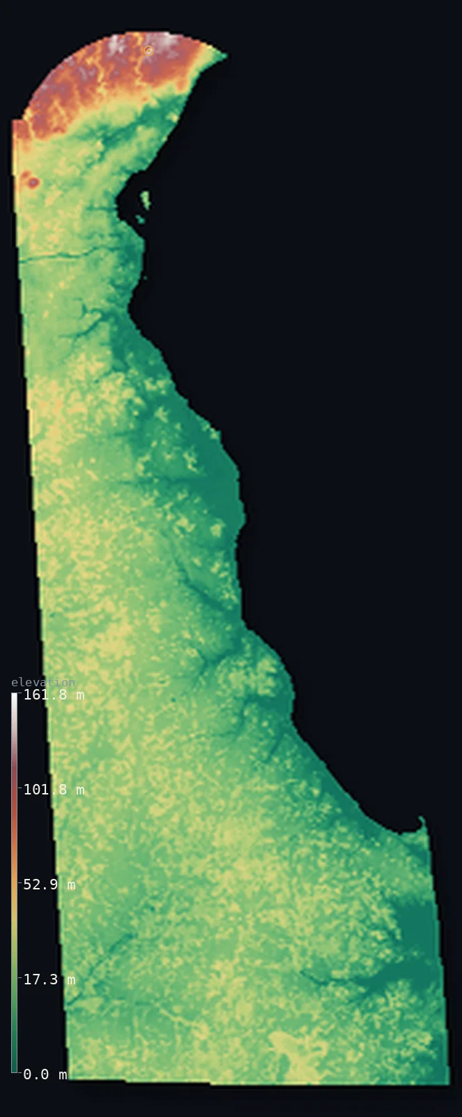 Hypsometric elevation map of Delaware, shaded relief from the Copernicus GLO-30 model