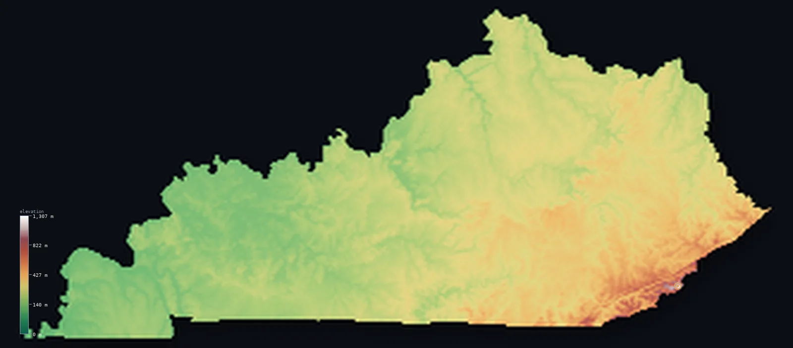 Hypsometric elevation map of Kentucky, shaded relief from the Copernicus GLO-30 model