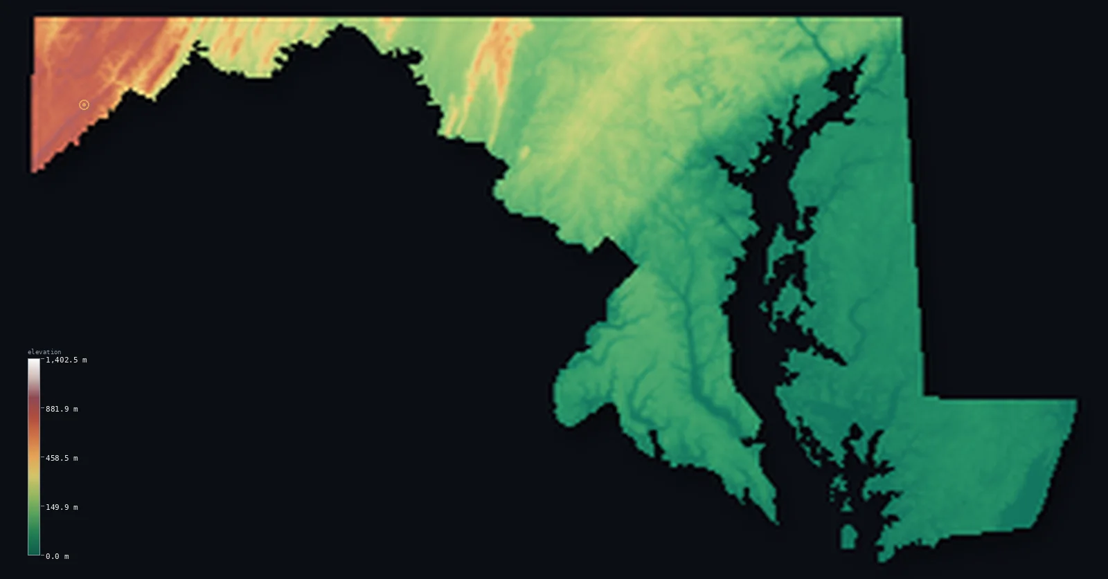 Hypsometric elevation map of Maryland, shaded relief from the Copernicus GLO-30 model