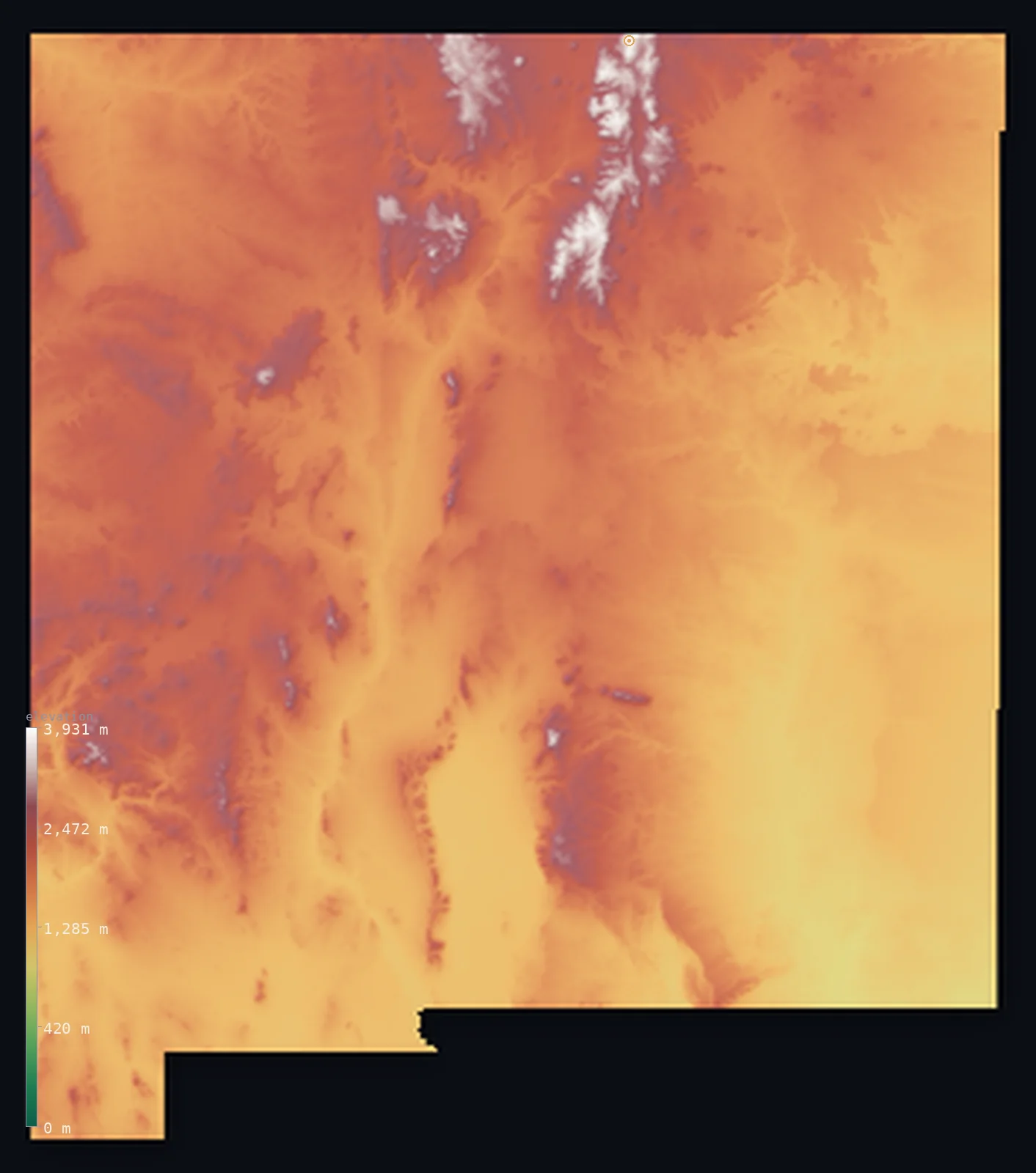Hypsometric elevation map of New Mexico, shaded relief from the Copernicus GLO-30 model