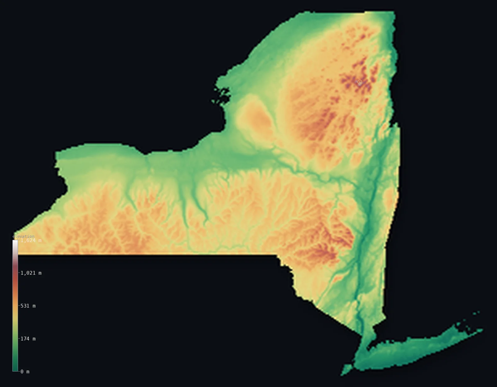 Hypsometric elevation map of New York, shaded relief from the Copernicus GLO-30 model