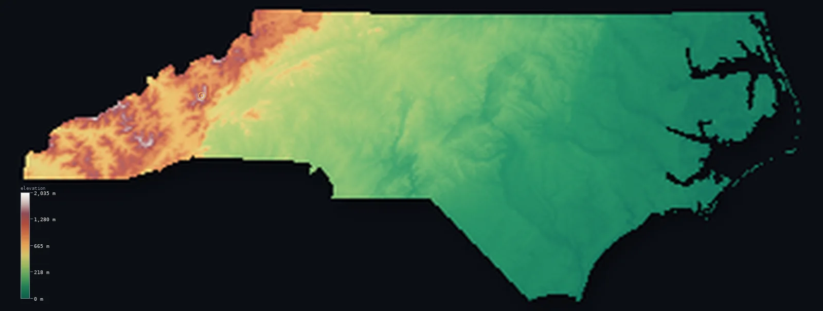 Hypsometric elevation map of North Carolina, shaded relief from the Copernicus GLO-30 model
