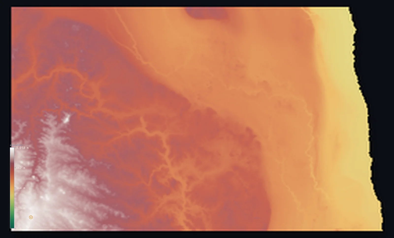 Hypsometric elevation map of North Dakota, shaded relief from the Copernicus GLO-30 model