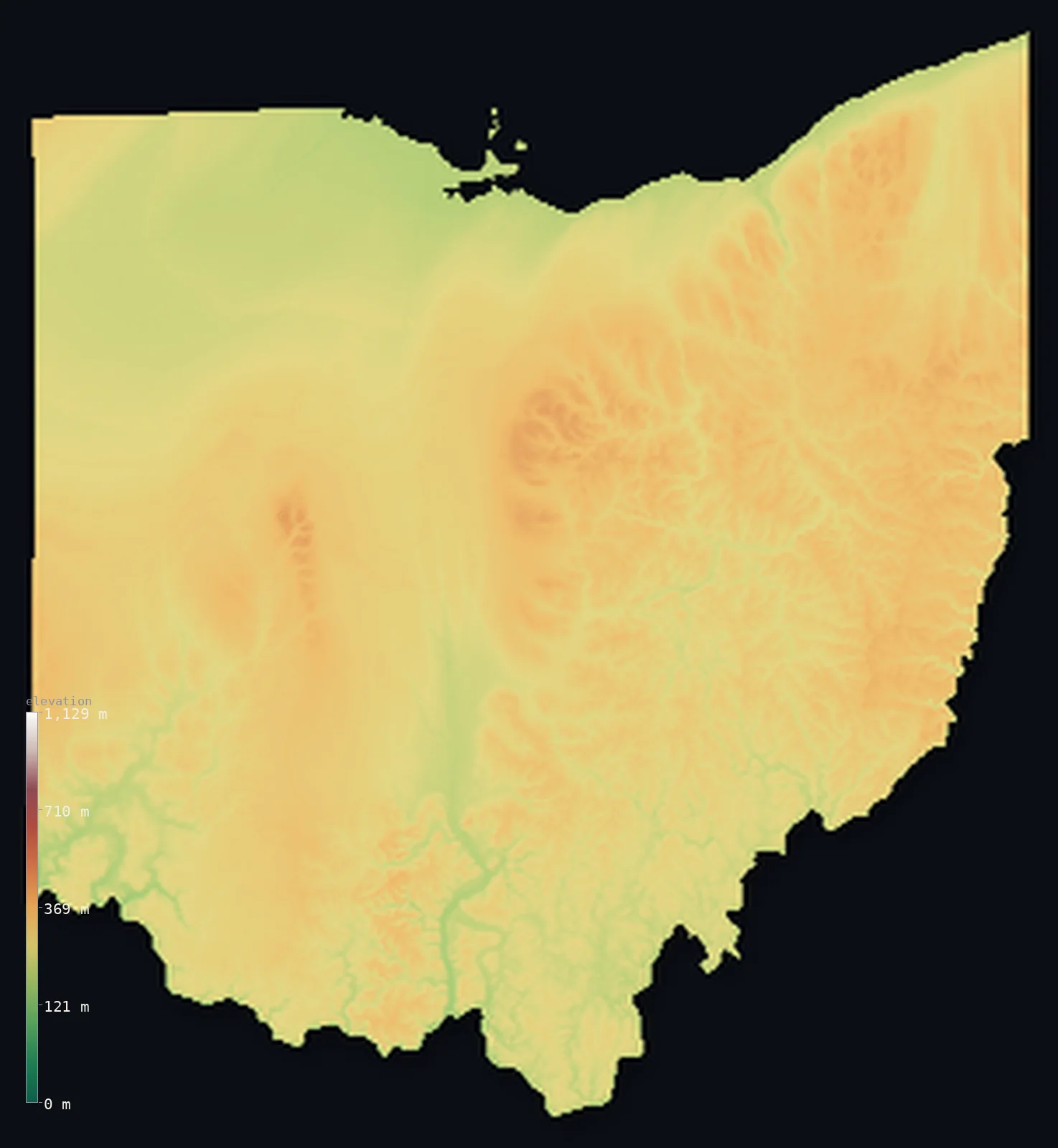 Hypsometric elevation map of Ohio, shaded relief from the Copernicus GLO-30 model