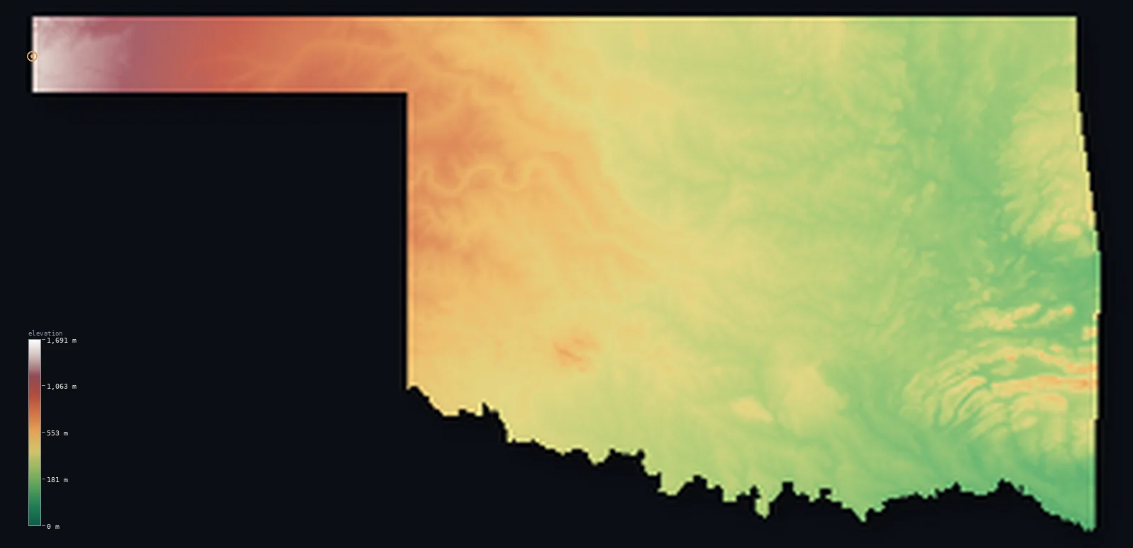 Hypsometric elevation map of Oklahoma, shaded relief from the Copernicus GLO-30 model