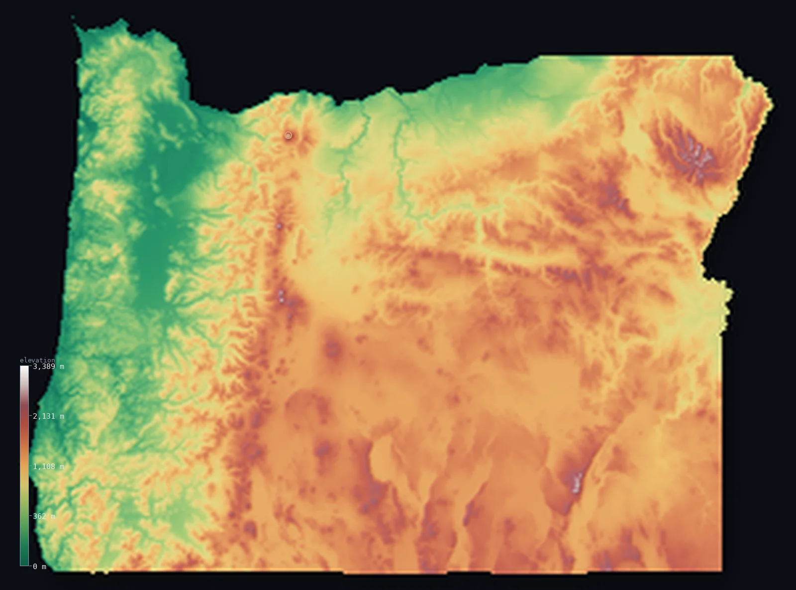 Hypsometric elevation map of Oregon, shaded relief from the Copernicus GLO-30 model