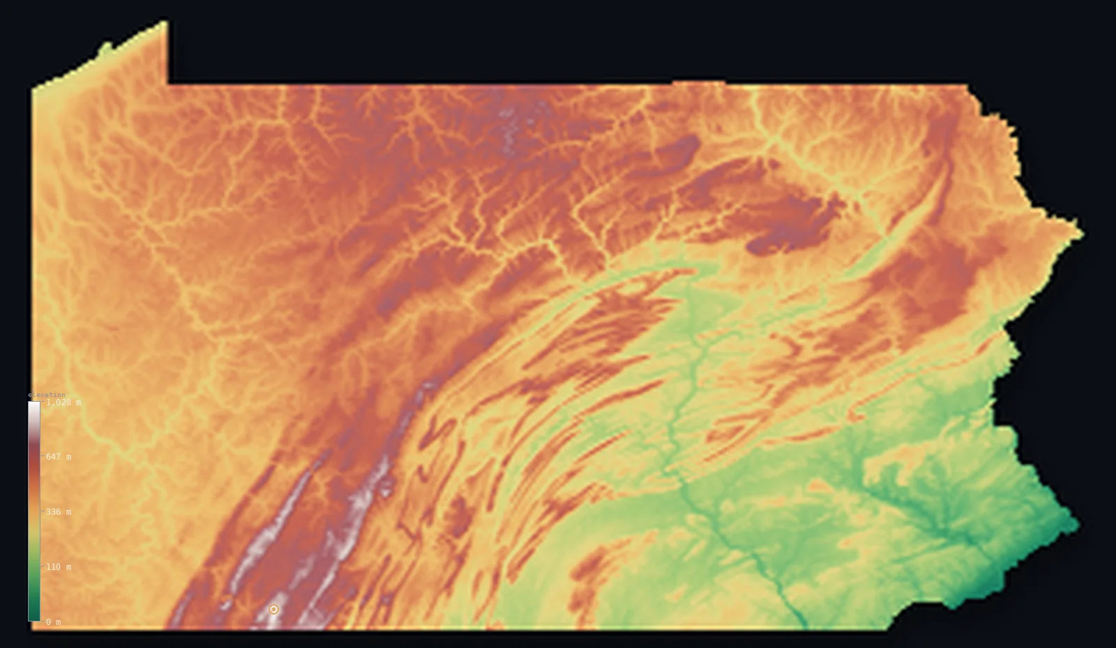 Hypsometric elevation map of Pennsylvania, shaded relief from the Copernicus GLO-30 model