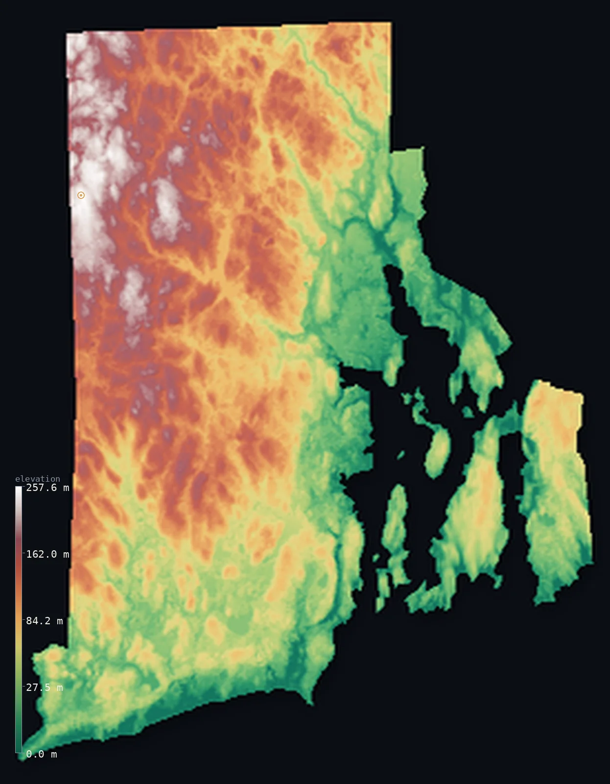 Hypsometric elevation map of Rhode Island, shaded relief from the Copernicus GLO-30 model