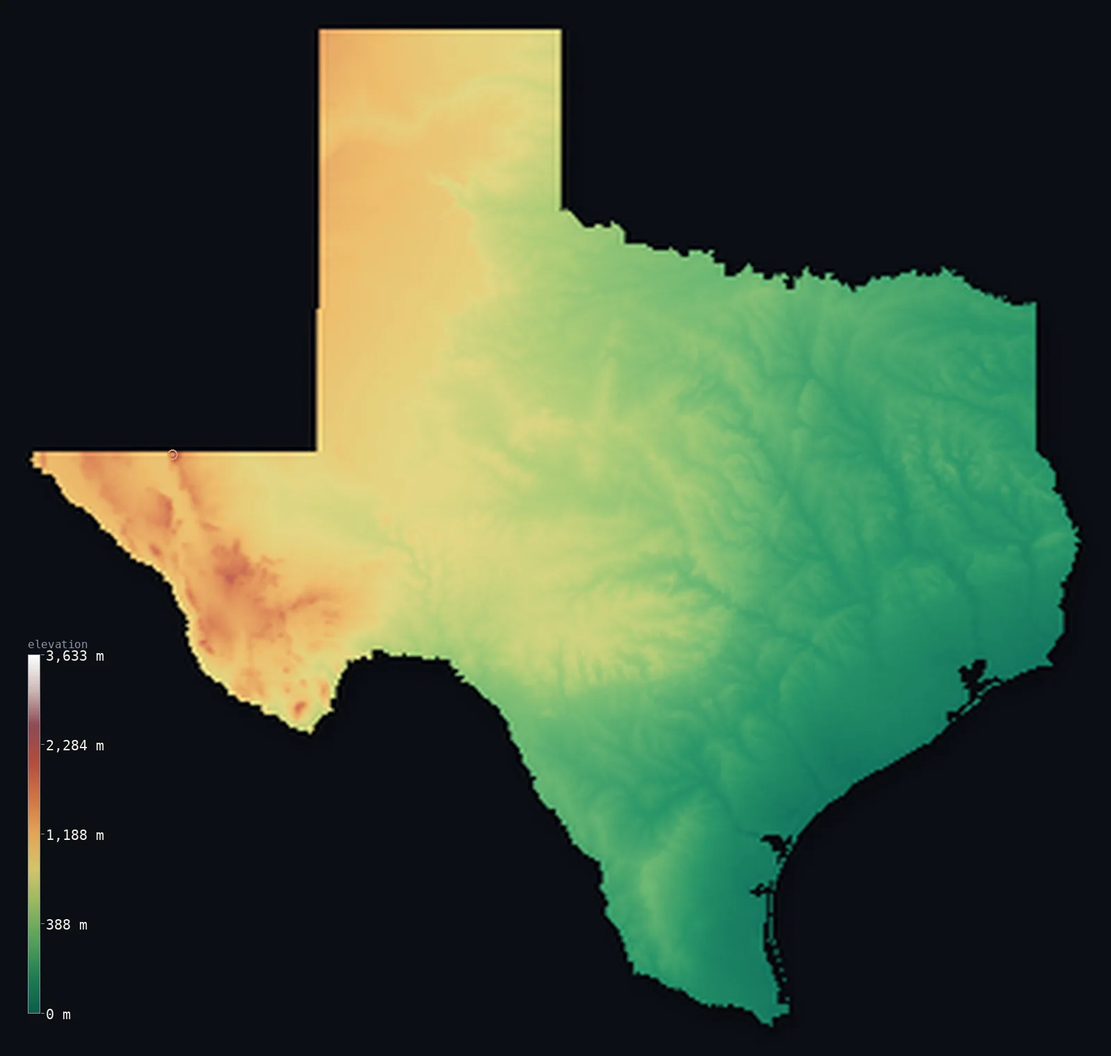 Hypsometric elevation map of Texas, shaded relief from the Copernicus GLO-30 model