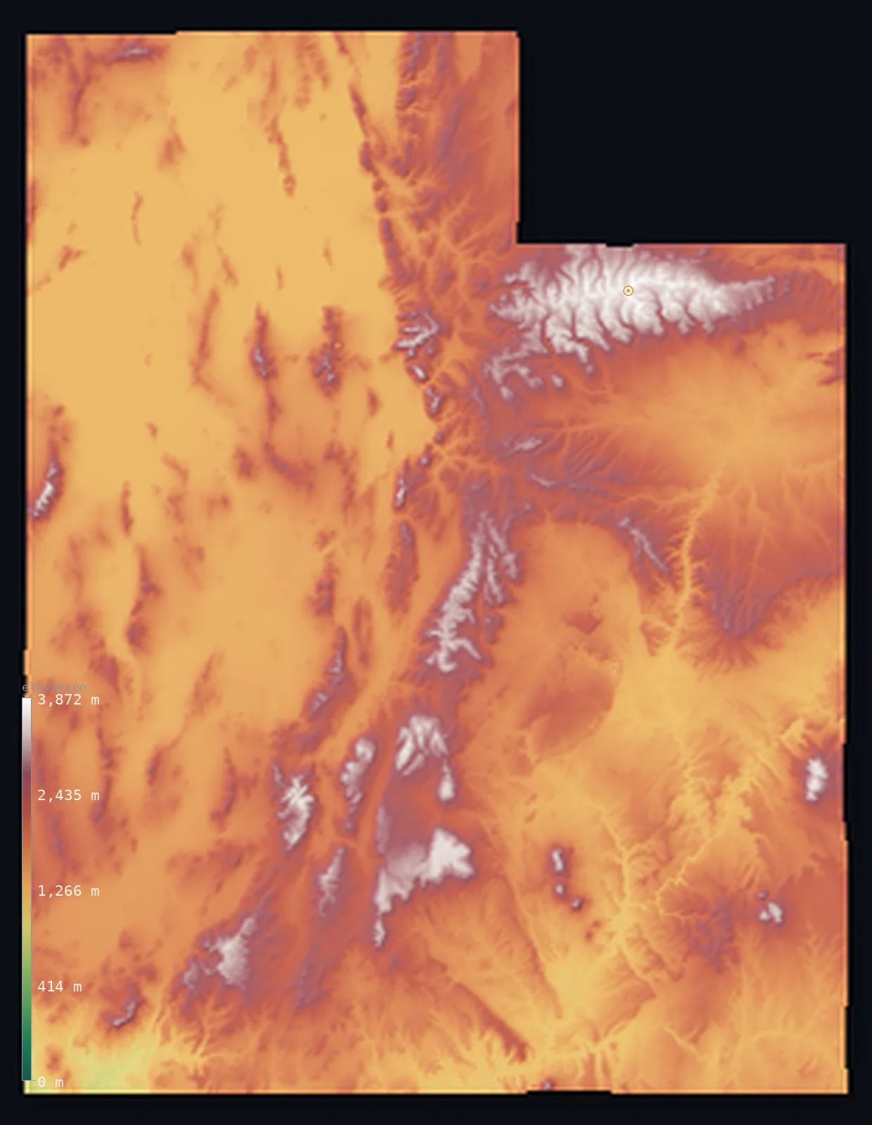 Hypsometric elevation map of Utah, shaded relief from the Copernicus GLO-30 model