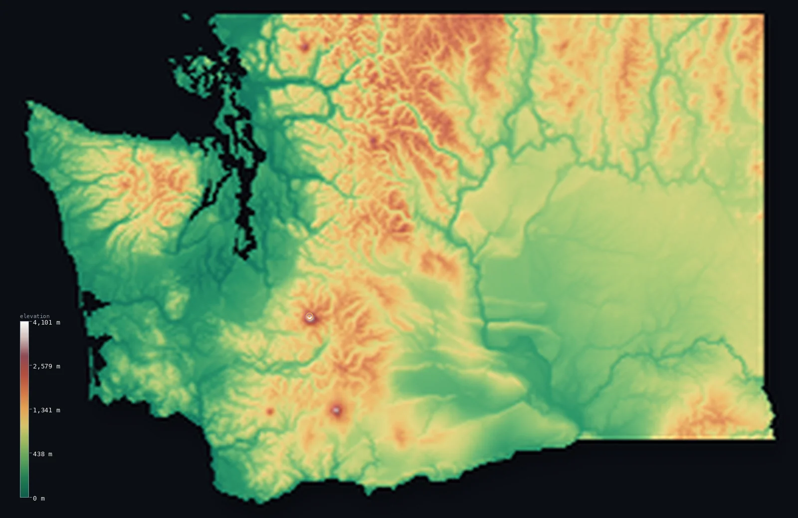 Hypsometric elevation map of Washington, shaded relief from the Copernicus GLO-30 model