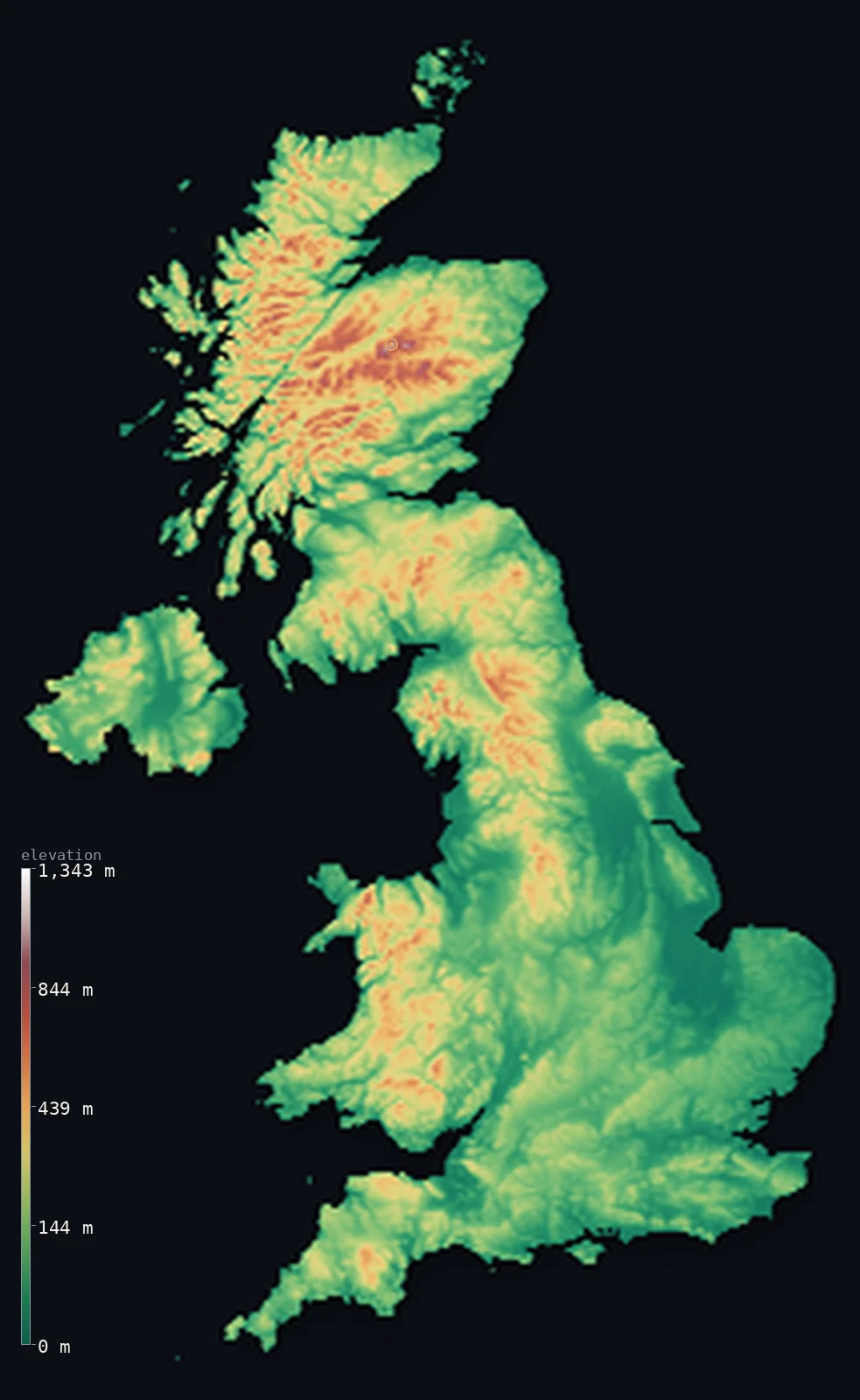 Hypsometric elevation map of United Kingdom, shaded relief from the Copernicus GLO-30 model