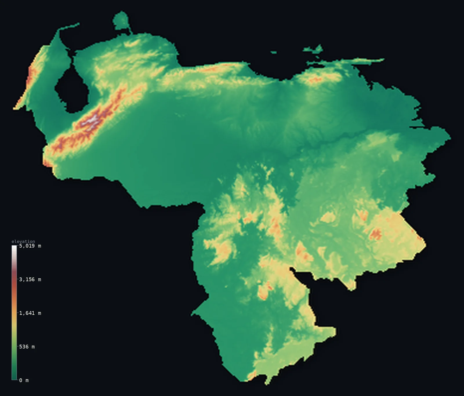 Hypsometric elevation map of Venezuela, shaded relief from the Copernicus GLO-30 model